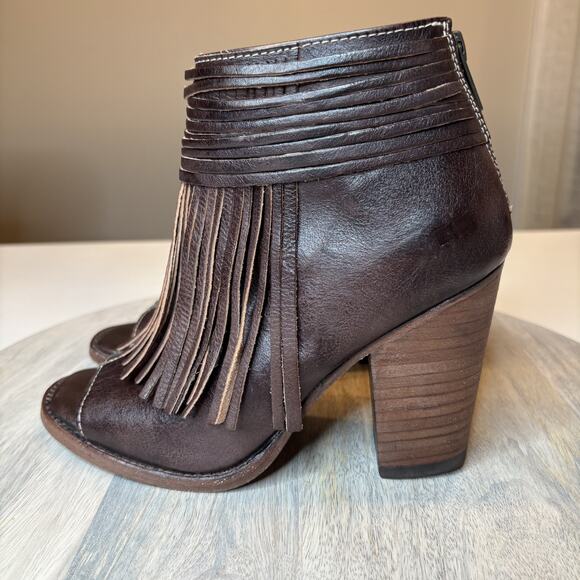 Bed Stu Onset Olivia Peep Toe Women's Fringe Brown Leather Booties Size 6.5 - Picture 2 of 12